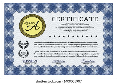 Blue Certificate or diploma template. With background. Perfect design. Customizable, Easy to edit and change colors. 