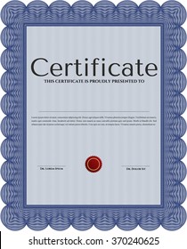Blue Certificate or diploma template. With background. Border, frame. Good design. 