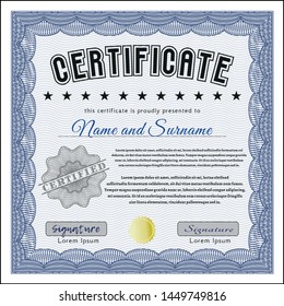 Blue Certificate or diploma template. Beauty design. Vector illustration. Easy to print. 