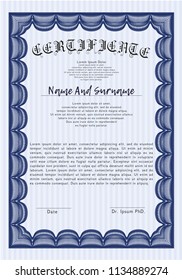 Blue Certificate or diploma template. Complex background. Customizable, Easy to edit and change colors. Nice design. 