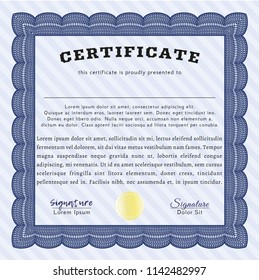 Blue Certificate or diploma template. With complex background. Detailed. Excellent design. 
