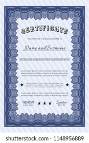 Blue Certificate or diploma template. With complex linear background. Beauty design. Vector illustration. 
