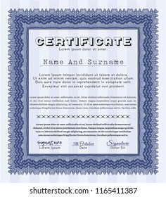Blue Certificate or diploma template. With complex background. Detailed. Money style design. 