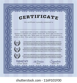 Blue Certificate or diploma template. Complex background. Vector illustration. Perfect design. 