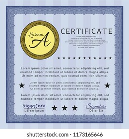 Blue Certificate or diploma template. Complex background. Vector illustration. Good design. 