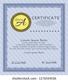 Blue Certificate or diploma template. Complex background. Money style design. Detailed. 