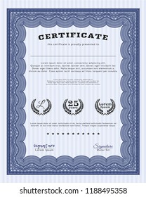 Blue Certificate or diploma template. With complex background. Sophisticated design. Vector illustration. 
