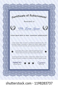 Blue Certificate or diploma template. Complex background. Superior design. Vector illustration. 