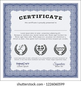 Blue Certificate or diploma template. With complex background. Detailed. Good design. 