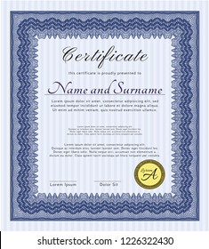 Blue Certificate or diploma template. With complex background. Elegant design. Detailed. 