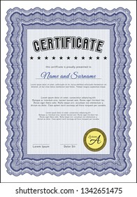 Blue Certificate or diploma template. With complex background. Detailed. Money Pattern. 