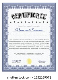Blue Certificate or diploma template. With complex background. Excellent design. Detailed. 