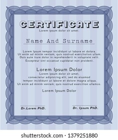 Blue Certificate or diploma template. With complex background. Money style design. Detailed. 