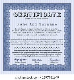 Blue Certificate or diploma template. Complex background. Detailed. Artistry design. 