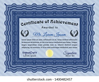 Blue Certificate or diploma template. With complex linear background. Customizable, Easy to edit and change colors. Elegant design. 