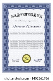 Blue Certificate or diploma template. With complex linear background. Customizable, Easy to edit and change colors. Artistry design. 
