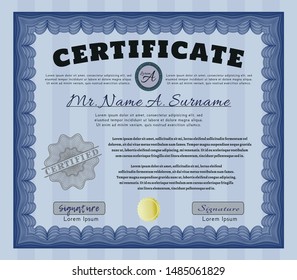Blue Certificate or diploma template. With complex background. Cordial design. Detailed. 