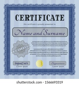 Blue Certificate or diploma template. With complex background. Vector illustration. Money Pattern design. 