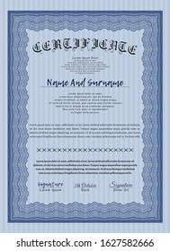 Blue Certificate or diploma template. Complex background. Elegant design. Detailed. 