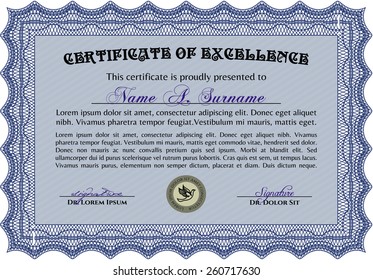 Certificado azul o plantilla de diploma con diseño fronterizo complejo.