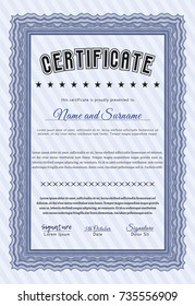 Blue Certificate or diploma template. With complex background. Vector illustration. Artistry design. 