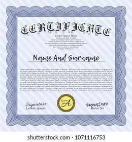 Blue Certificate or diploma template. Cordial design. Vector illustration. With complex background. 