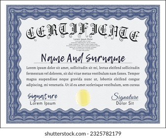 Blue Certificate or diploma template.  Cordial design.  With guilloche pattern.  Vector illustration. 