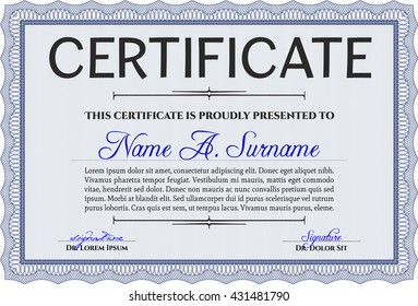Blue Certificate or diploma template. Cordial design. Easy to print. Customizable, Easy to edit and change colors. 