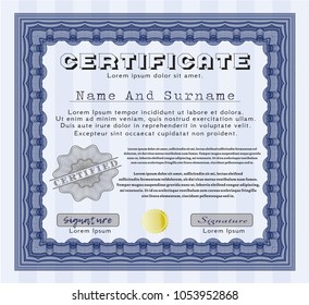 Blue Certificate or diploma template. Customizable, Easy to edit and change colors. Easy to print. Elegant design. 