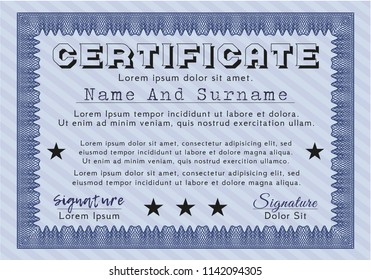 Blue Certificate or diploma template. Customizable, Easy to edit and change colors. With guilloche pattern. Money Pattern. 