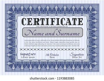 Blue Certificate or diploma template. Customizable, Easy to edit and change colors. With complex linear background. Cordial design. 