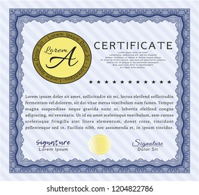 Blue Certificate or diploma template. Customizable, Easy to edit and change colors. With complex linear background. Perfect design. 