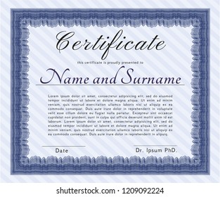 Blue Certificate or diploma template. Customizable, Easy to edit and change colors. Complex background. Money Pattern. 