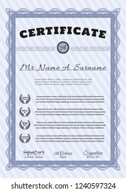 Blue Certificate or diploma template. Customizable, Easy to edit and change colors. With great quality guilloche pattern. Superior design. 