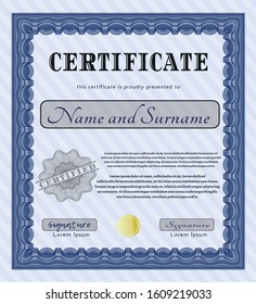Blue Certificate or diploma template. Customizable, Easy to edit and change colors. With guilloche pattern and background. Lovely design. 
