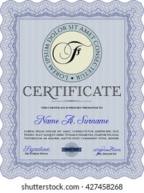 Blue Certificate or diploma template. Customizable, Easy to edit and change colors. Cordial design. Easy to print. 
