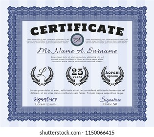 Blue Certificate or diploma template. Detailed. With great quality guilloche pattern. Beauty design. 