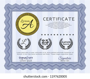Blue Certificate or diploma template. Detailed. With complex background. Lovely design. 