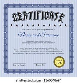 Blue Certificate or diploma template. Detailed. With complex linear background. Modern design. 