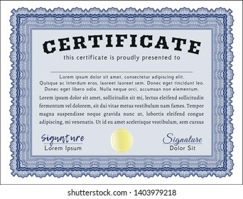 Blue Certificate or diploma template. Detailed. With background. Modern design. 
