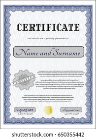 Blue Certificate or diploma template. Detailed. Complex background. Money style design. 