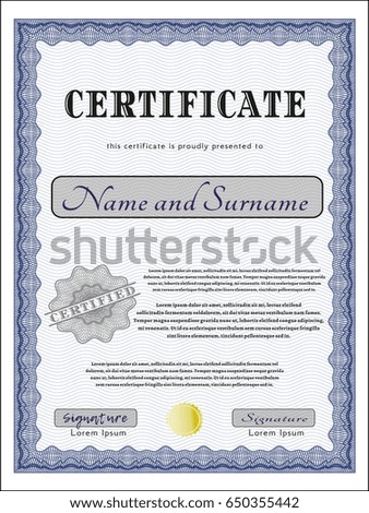 Blue Certificate or diploma template. Detailed. Complex background. Money style design. 