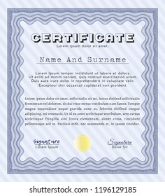 Blue Certificate or diploma template. Easy to print. Detailed. Money design. 