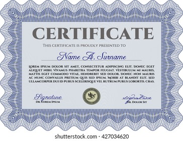 Blue Certificate or diploma template. Easy to print. Cordial design. Customizable, Easy to edit and change colors. 