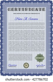 Blue Certificate or diploma template. Easy to print. Customizable, Easy to edit and change colors. Cordial design. 