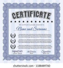 Blue Certificate or diploma template. Elegant design. Customizable, Easy to edit and change colors. Printer friendly. 
