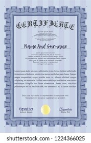 Blue Certificate or diploma template. Elegant design. Customizable, Easy to edit and change colors. With complex linear background. 