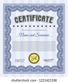 Blue Certificate or diploma template. Excellent design. Detailed. With guilloche pattern. 