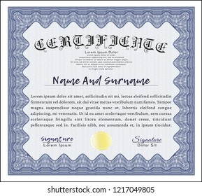Blue Certificate or diploma template. With great quality guilloche pattern. Detailed. Artistry design. 