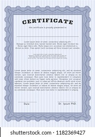 Blue Certificate or diploma template. With guilloche pattern and background. Good design. Customizable, Easy to edit and change colors. 